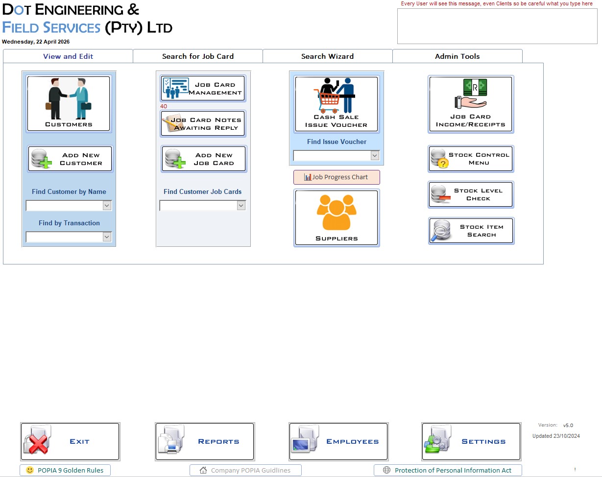 Engineering company menu system with customers, job card management, suppliers, stock control, reporting and administration tools.